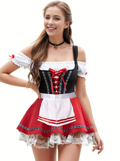 Red Oktoberfest Dirndl Dress – Fit & Flare Off-Shoulder Traditional Costume